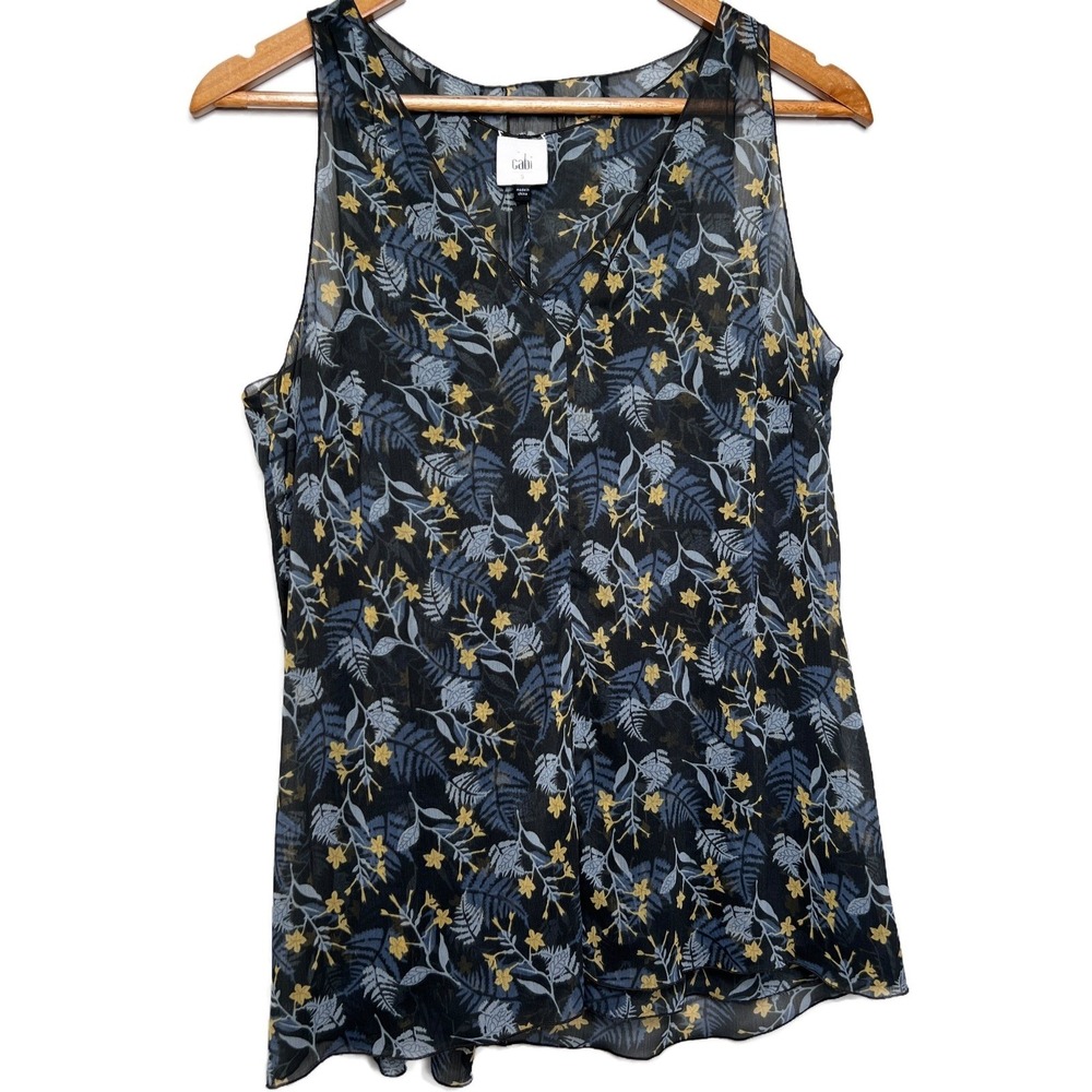 Cabi Navy Floral Leaf Print V Neck Sleeveless Sheer Tunic Tank Top Womens Size S - Picture 2 of 8